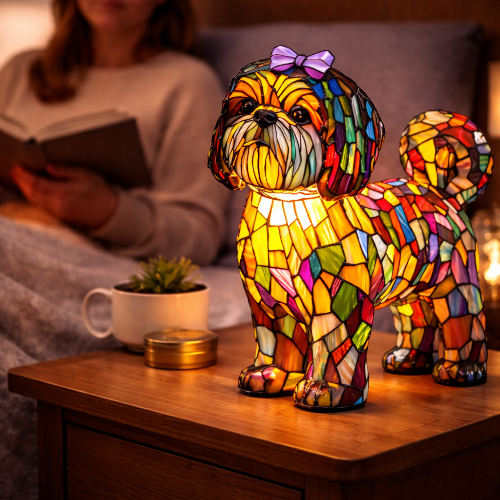 Colorful Stained-Glass Dog Table Lamp with LED Night Light