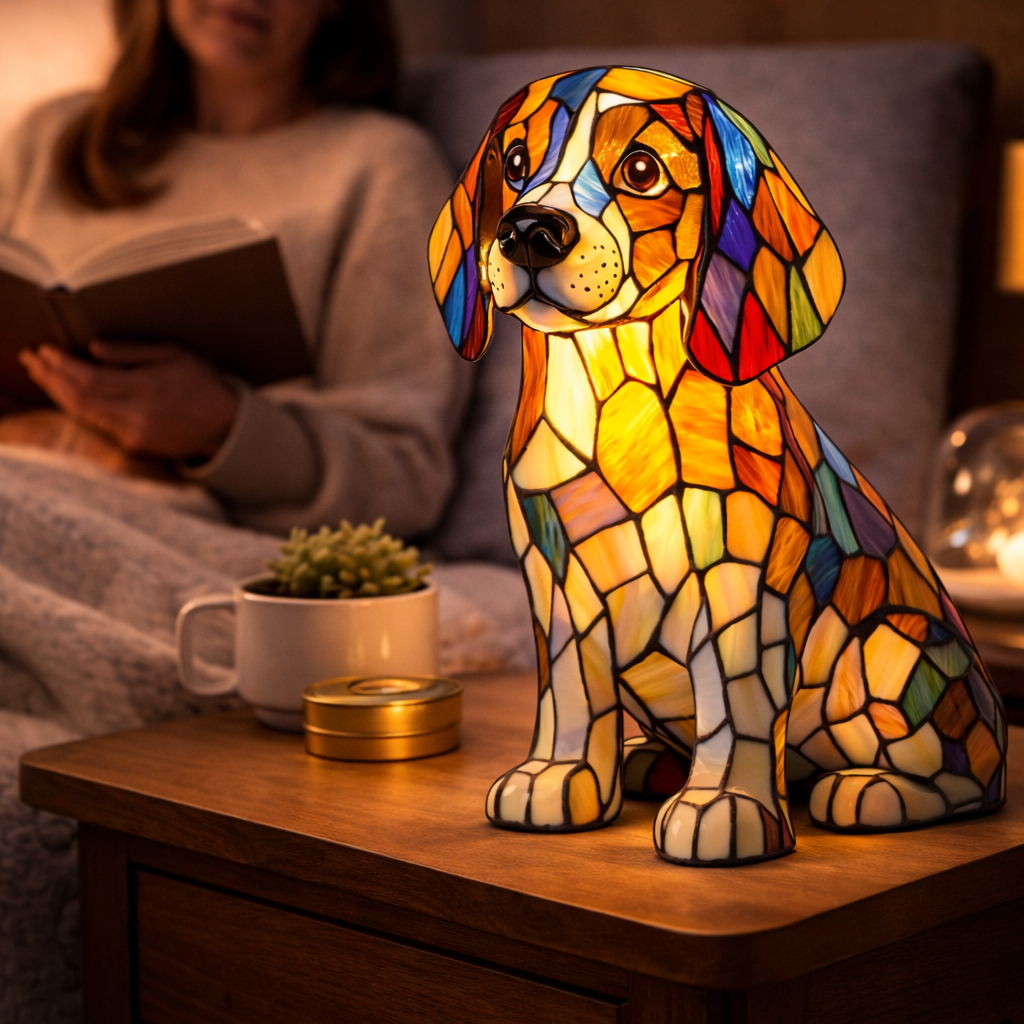 Colorful Stained-Glass Dog Table Lamp with LED Night Light