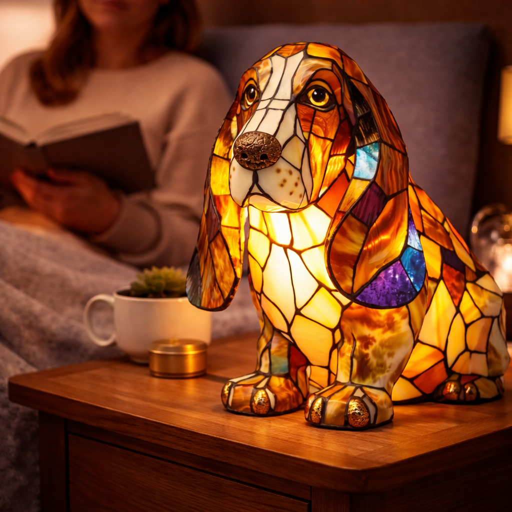 Colorful Stained-Glass Dog Table Lamp with LED Night Light
