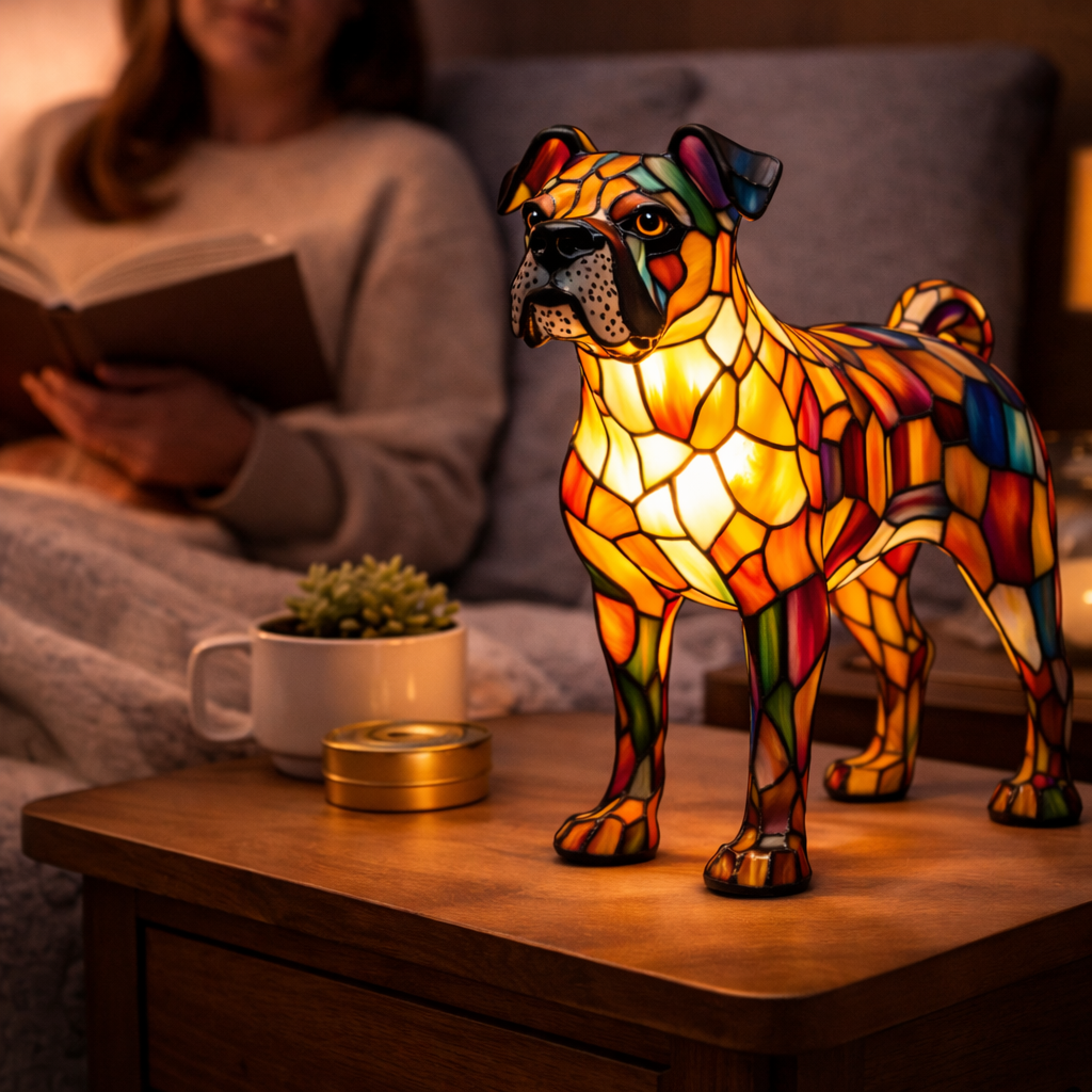 Colorful Stained-Glass Dog Table Lamp with LED Night Light