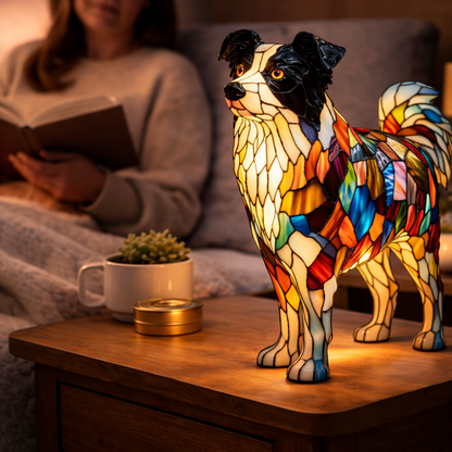 Colorful Stained-Glass Dog Table Lamp with LED Night Light