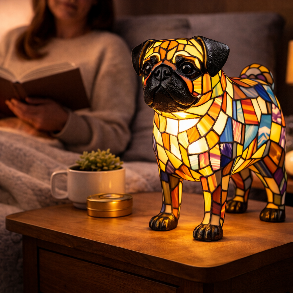 Colorful Stained-Glass Dog Table Lamp with LED Night Light