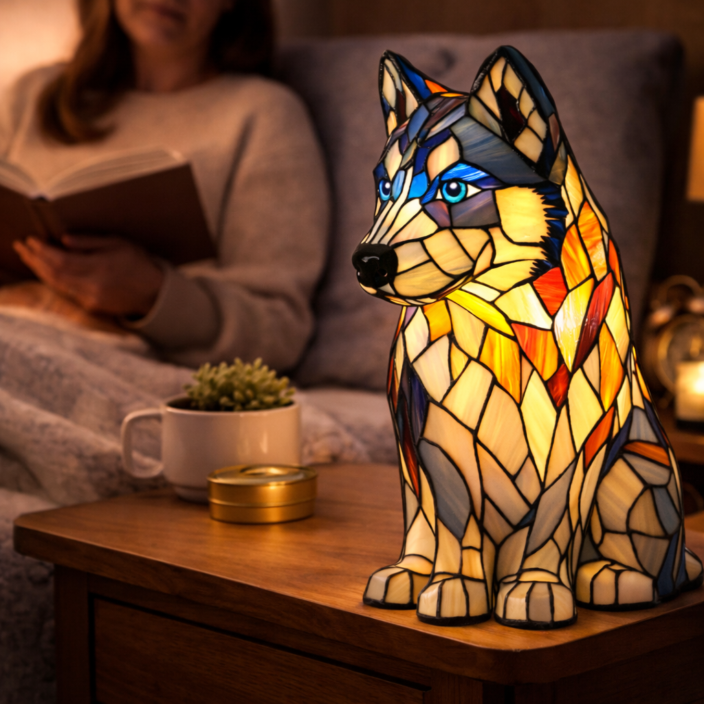 Colorful Stained-Glass Dog Table Lamp with LED Night Light