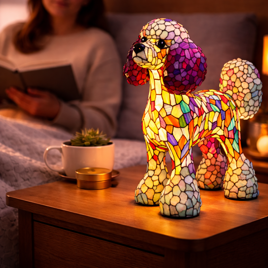 Colorful Stained-Glass Dog Table Lamp with LED Night Light
