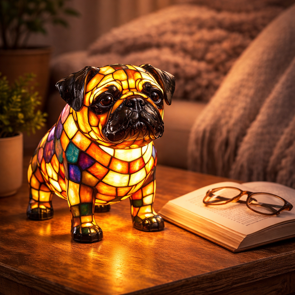 Dog Figurine LED Table Lamp with Stained Glass Night Light — Cozy Bedroom Decor