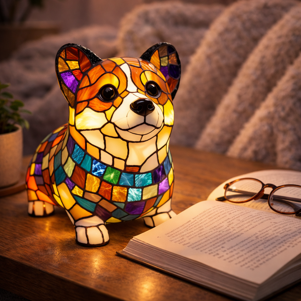Dog Figurine LED Table Lamp with Stained Glass Night Light — Cozy Bedroom Decor