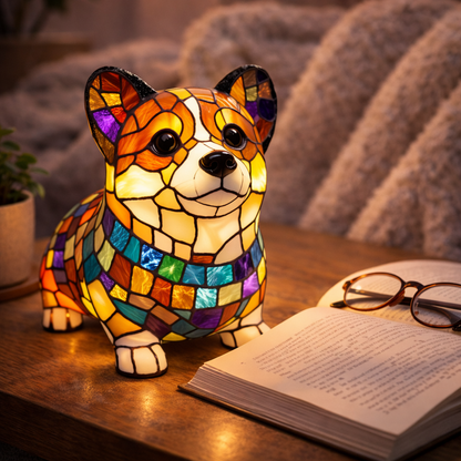 Dog Figurine LED Table Lamp with Stained Glass Night Light — Cozy Bedroom Decor