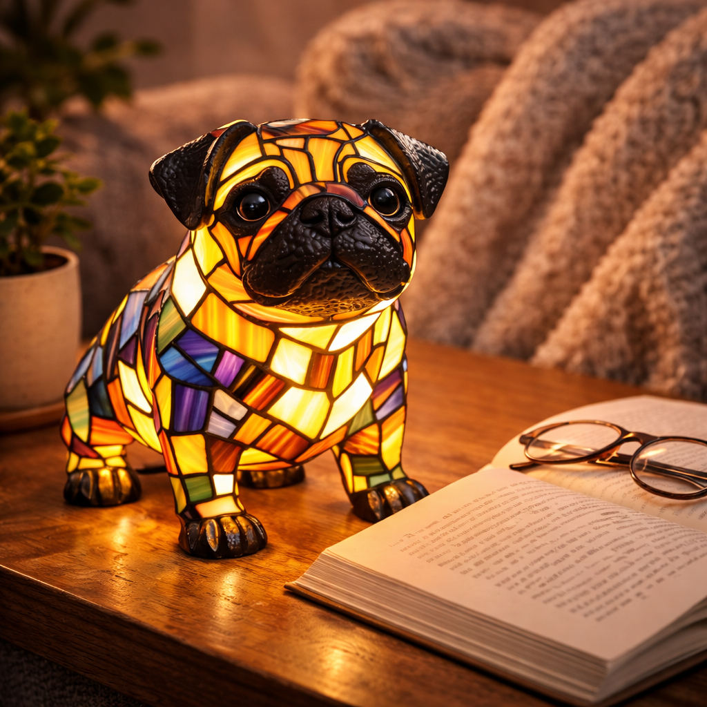 Dog Figurine LED Table Lamp with Stained Glass Night Light — Cozy Bedroom Decor