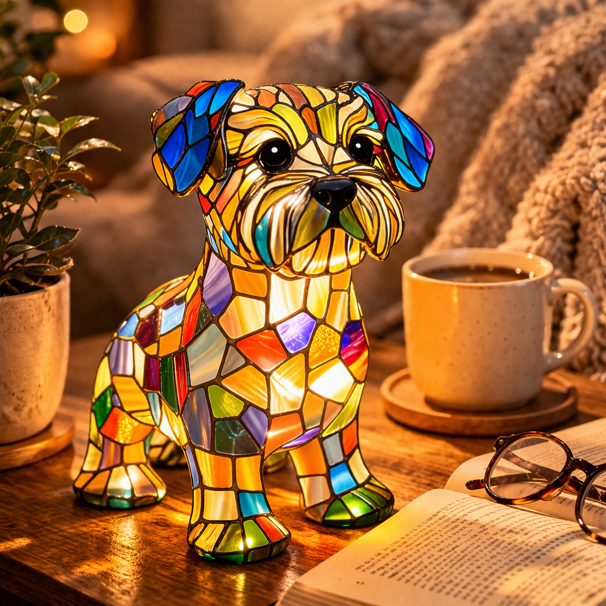 Dog Figurine LED Table Lamp with Stained Glass Night Light — Cozy Bedroom Decor