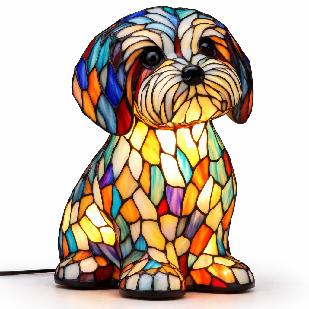 Colorful Stained-Glass Dog Table Lamp with LED Night Light