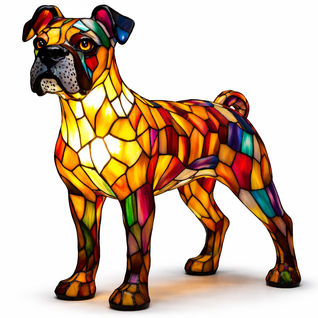 Colorful Stained-Glass Dog Table Lamp with LED Night Light