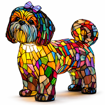 Colorful Stained-Glass Dog Table Lamp with LED Night Light