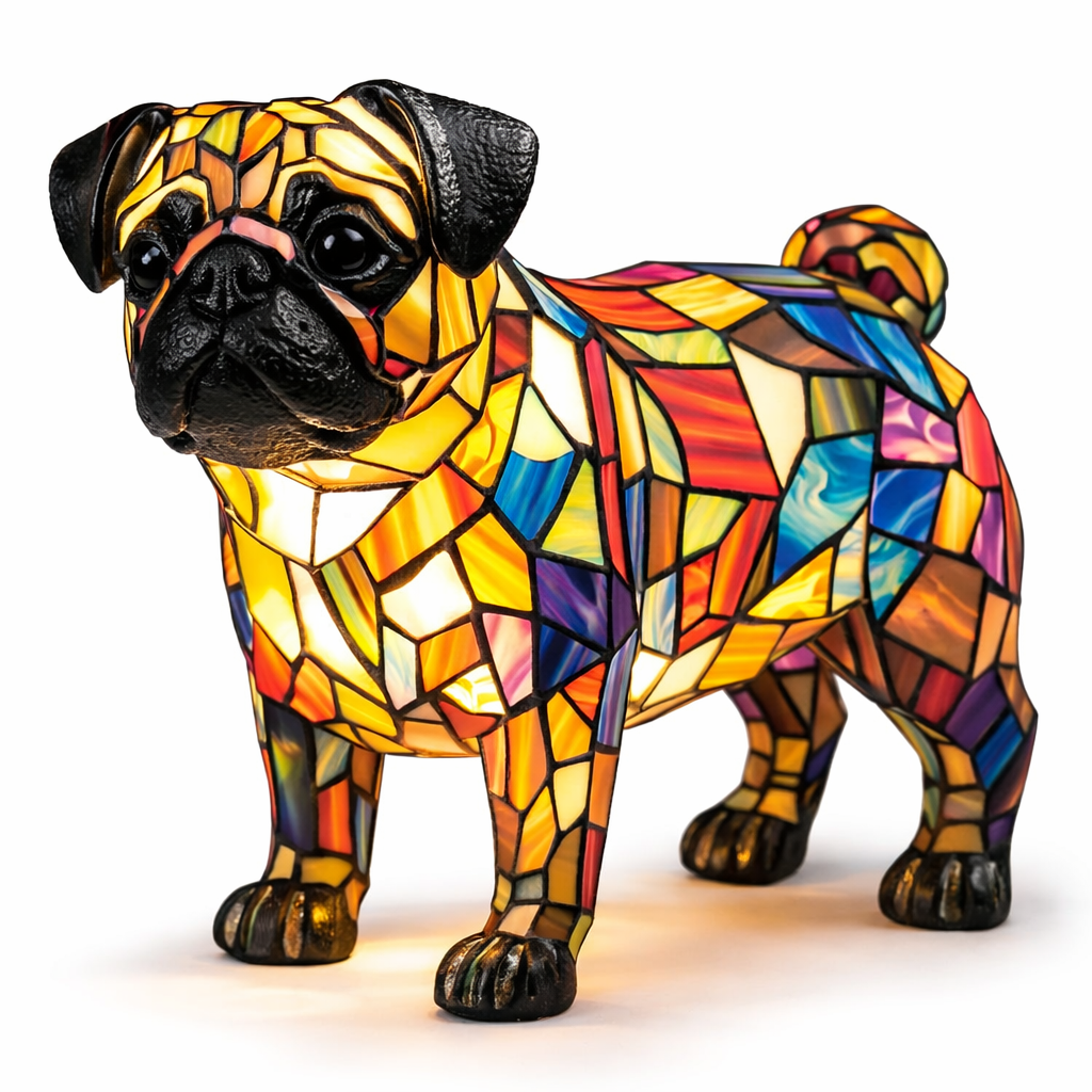 Colorful Stained-Glass Dog Table Lamp with LED Night Light