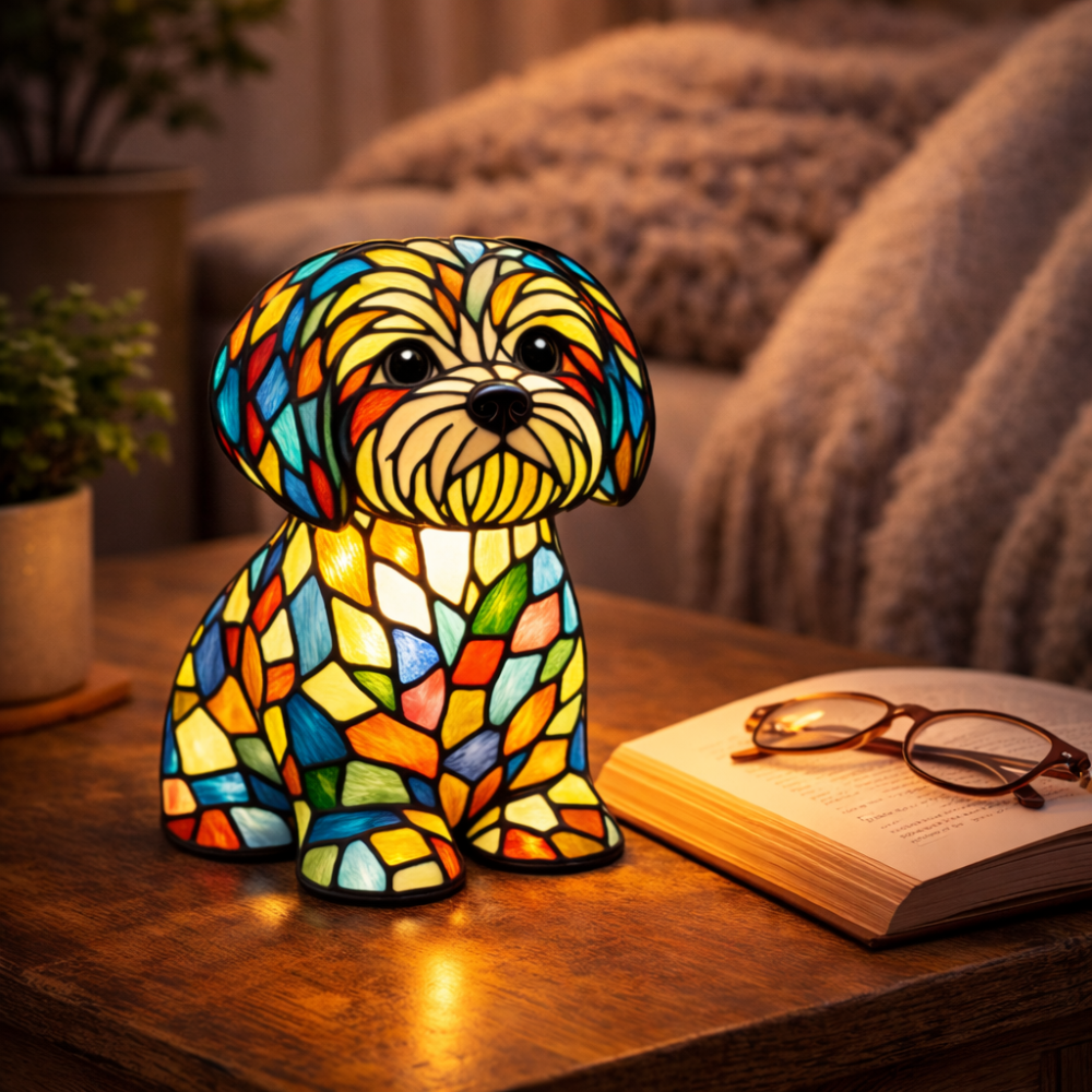 Dog LED Night Light Table Lamp – Stained Glass Style for Bedroom