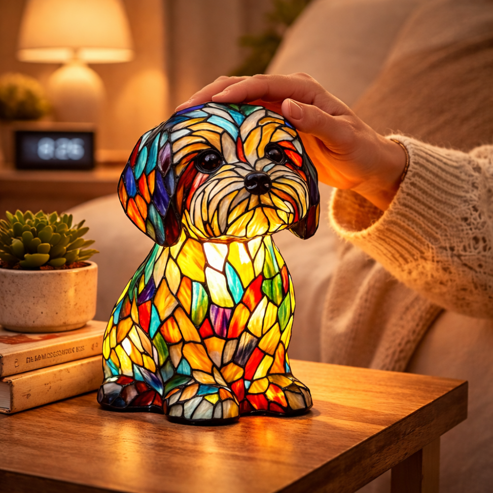 Dog LED Night Light Table Lamp – Stained Glass Style for Bedroom