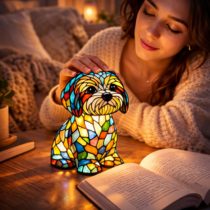 Dog Figurine LED Table Lamp with Stained Glass Night Light — Cozy Bedroom Decor