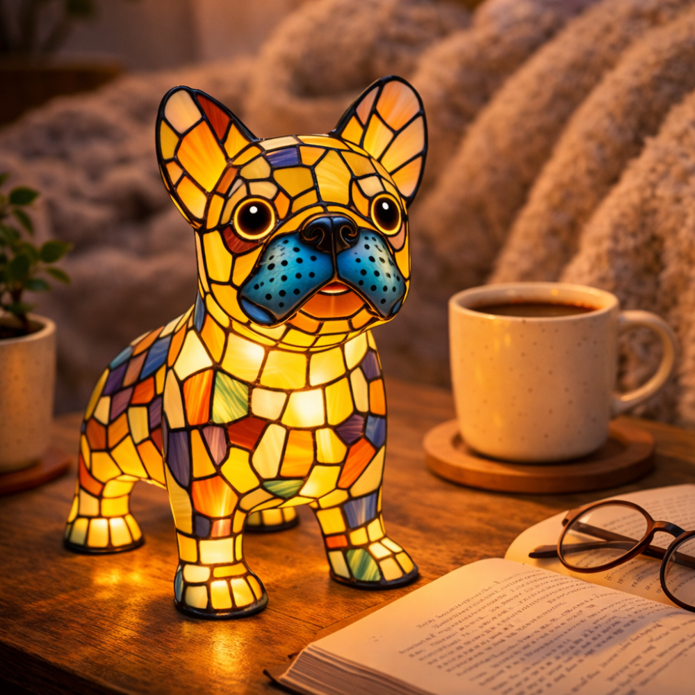 Dog LED Night Light Table Lamp – Stained Glass Style for Bedroom
