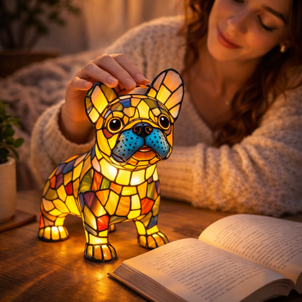 Dog LED Night Light Table Lamp – Stained Glass Style for Bedroom