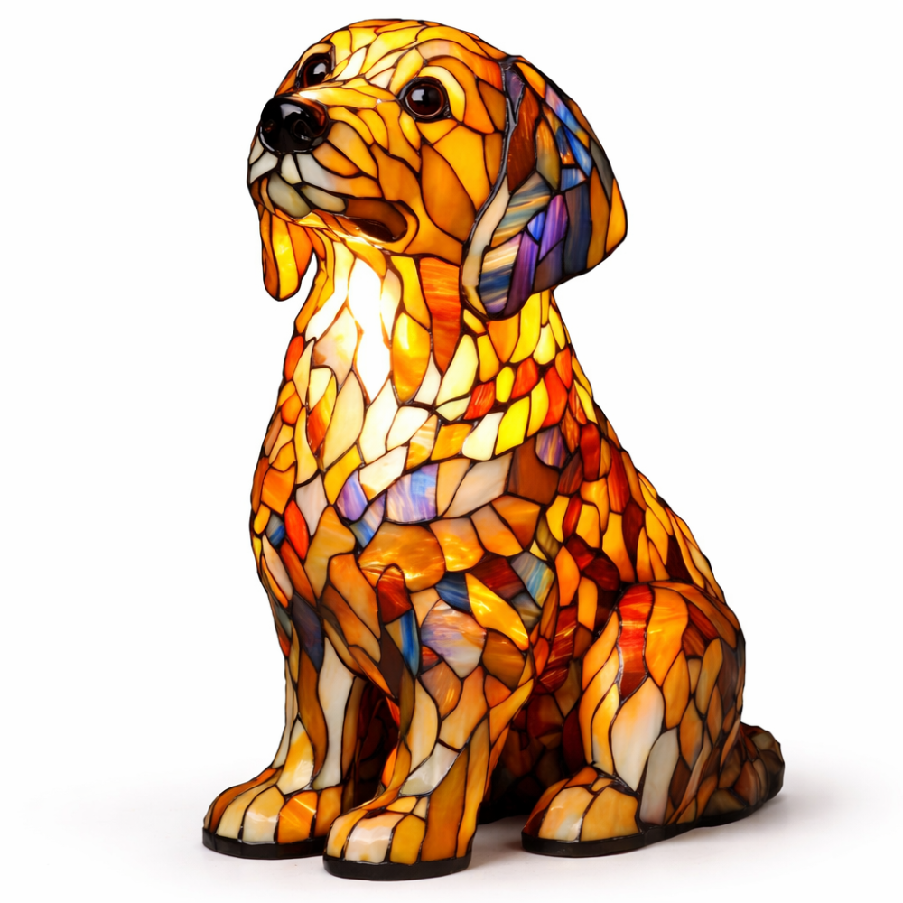 Colorful Stained-Glass Dog Table Lamp with LED Night Light