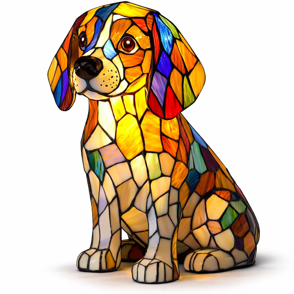Colorful Stained-Glass Dog Table Lamp with LED Night Light