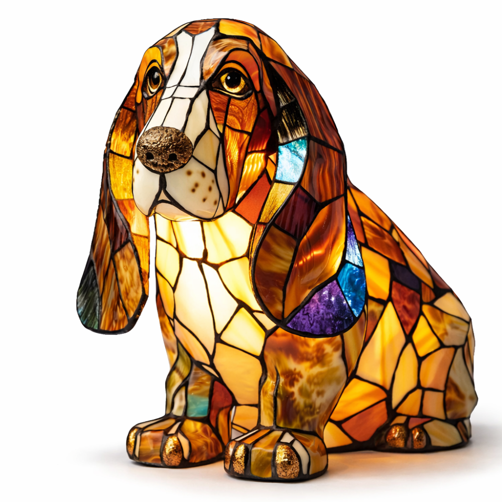 Colorful Stained-Glass Dog Table Lamp with LED Night Light
