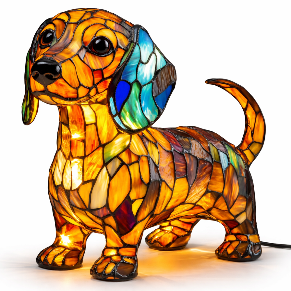 Colorful Stained-Glass Dog Table Lamp with LED Night Light