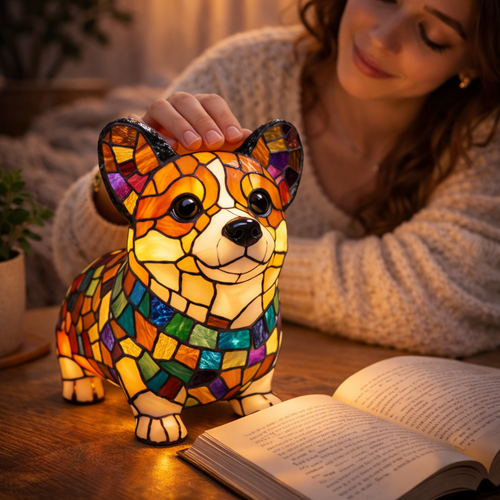 Dog Figurine LED Table Lamp with Stained Glass Night Light — Cozy Bedroom Decor