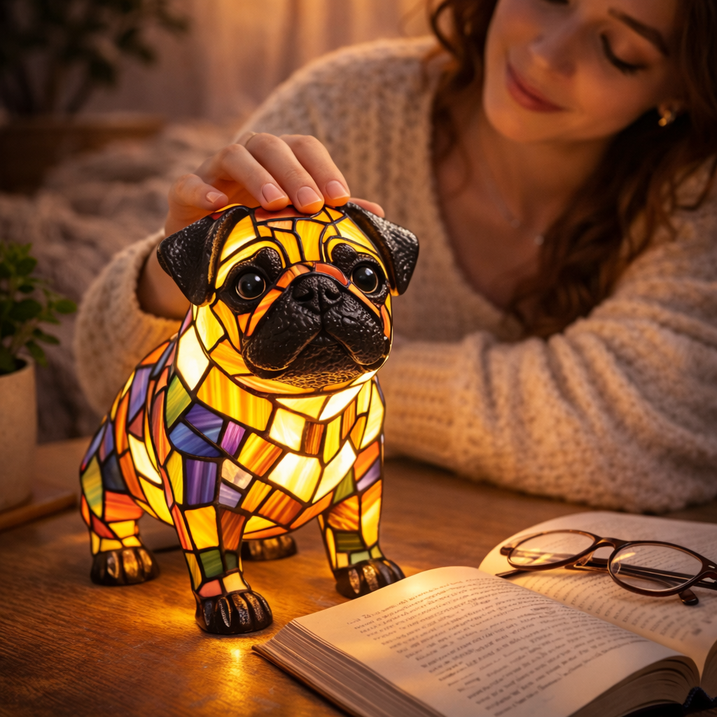 Dog Figurine LED Table Lamp with Stained Glass Night Light — Cozy Bedroom Decor