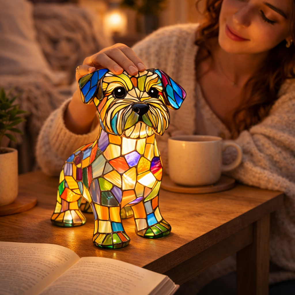 Dog Figurine LED Table Lamp with Stained Glass Night Light — Cozy Bedroom Decor