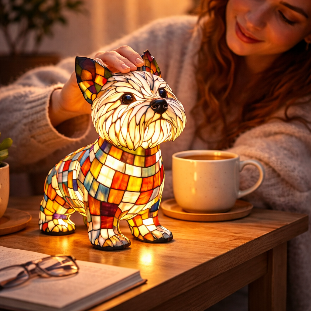 Dog Figurine LED Table Lamp with Stained Glass Night Light — Cozy Bedroom Decor