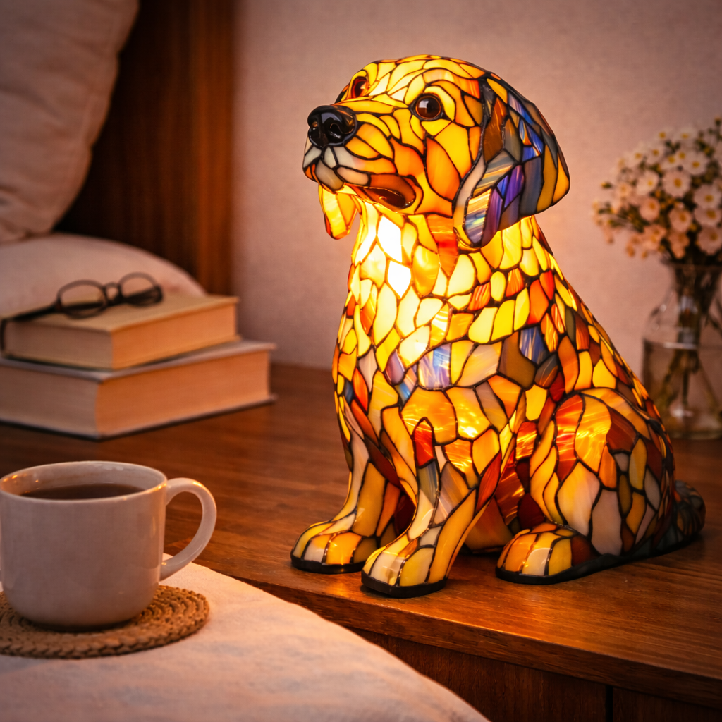 Colorful Stained-Glass Dog Table Lamp with LED Night Light for Bedroom