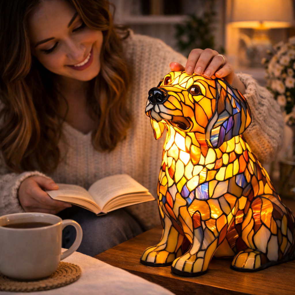 Colorful Stained-Glass Dog Table Lamp with LED Night Light for Bedroom