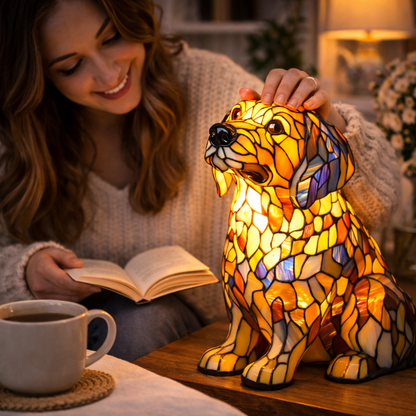 Colorful Stained-Glass Dog Table Lamp with LED Night Light for Bedroom