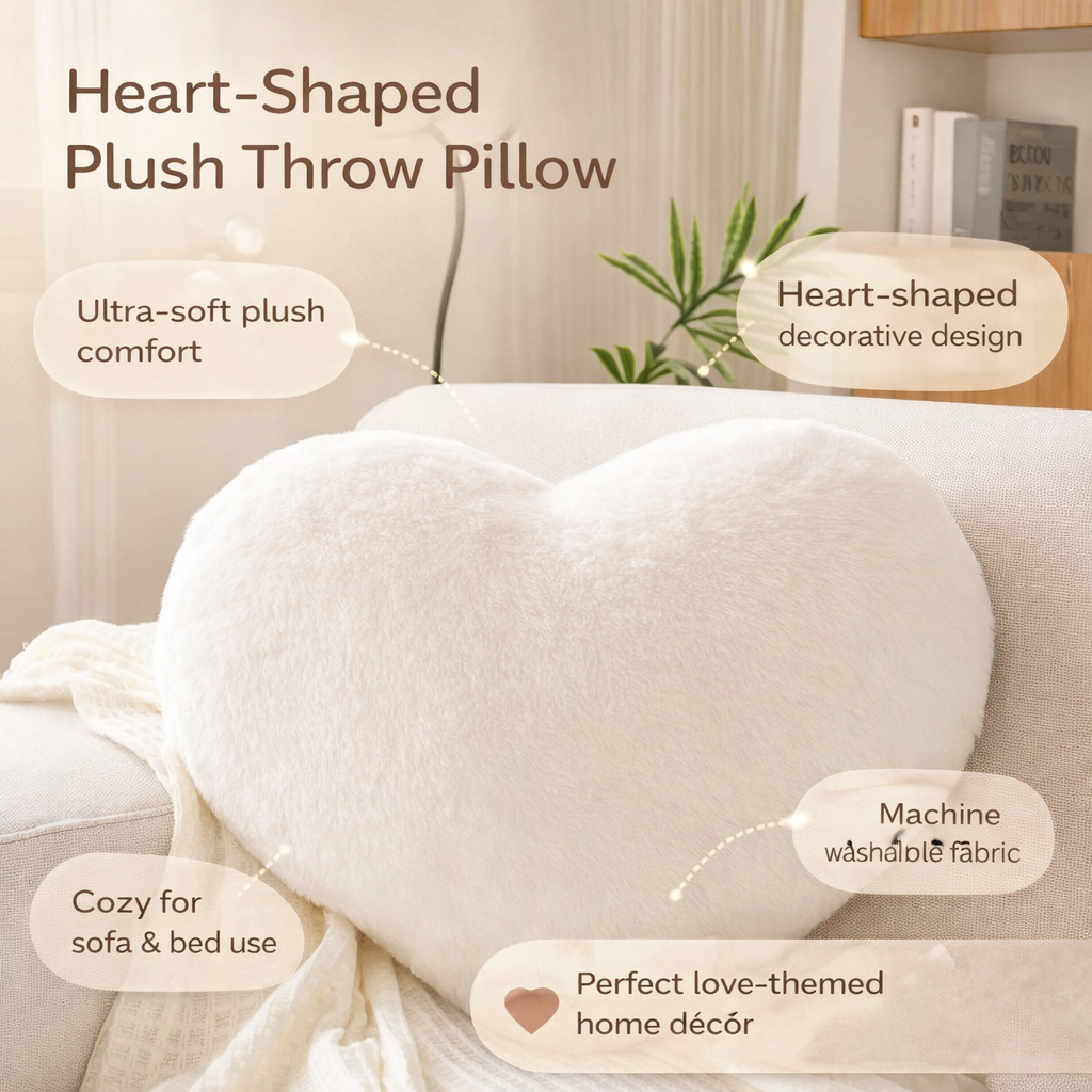 Heart-Shaped Plush Throw Pillow - Cozy Decorative Sofa Cushion