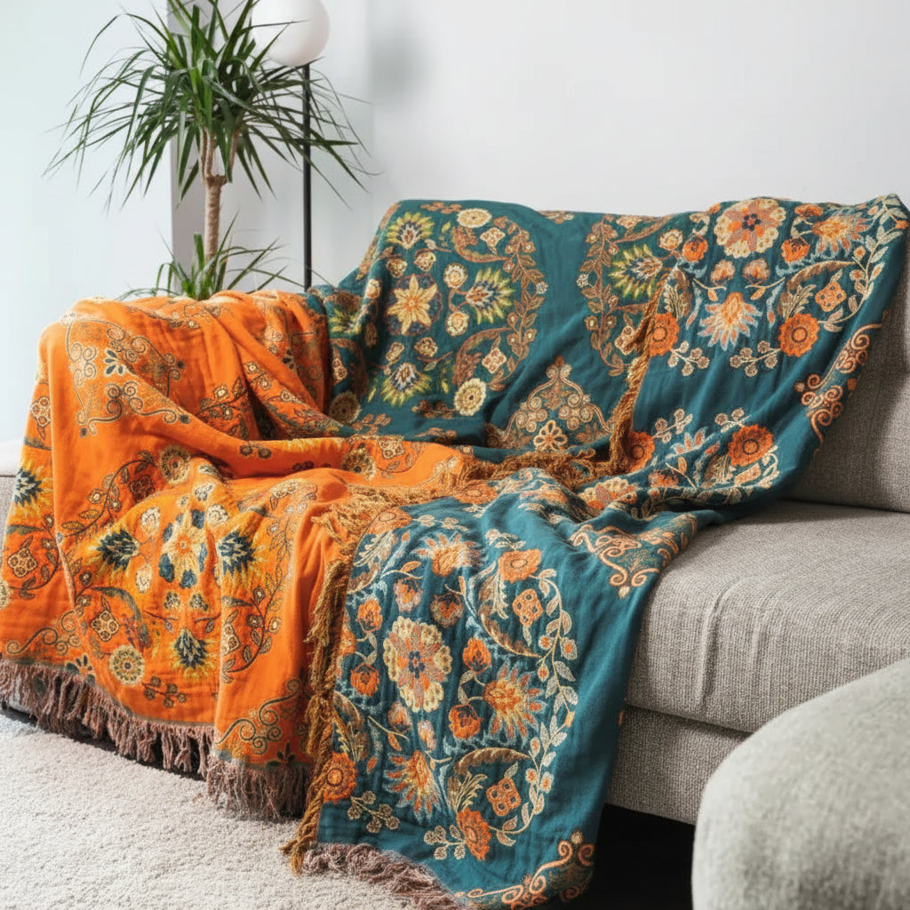 Floral Reversible Cotton Gauze Throw Blanket for Sofa and Bed