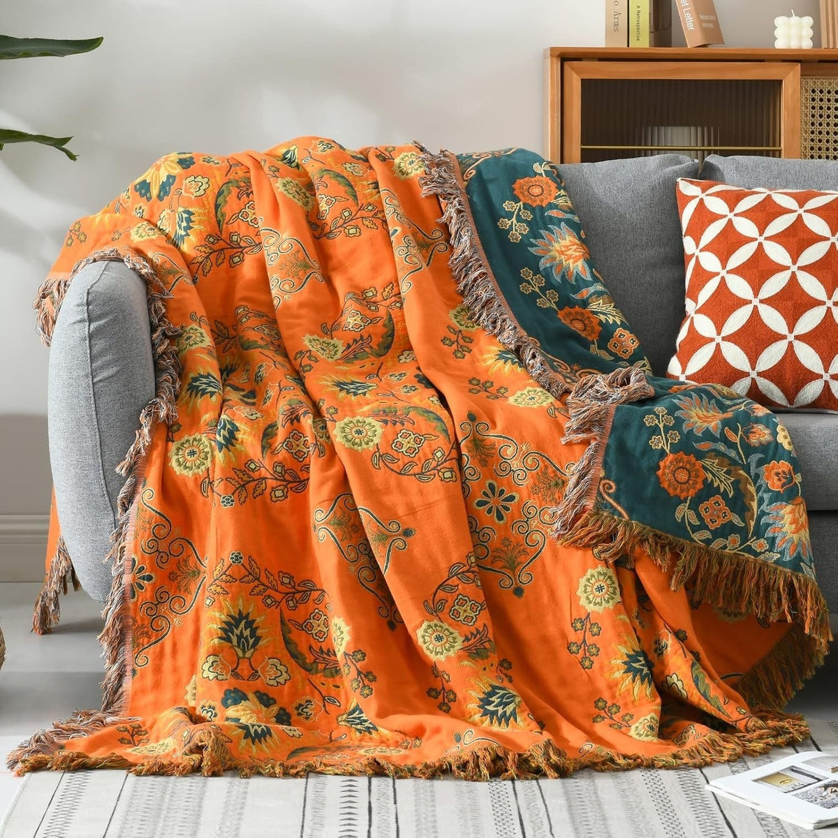 Floral Reversible Cotton Gauze Throw Blanket for Sofa and Bed