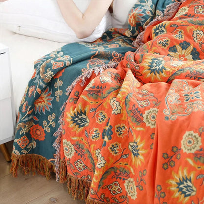 Floral Reversible Cotton Gauze Throw Blanket for Sofa and Bed
