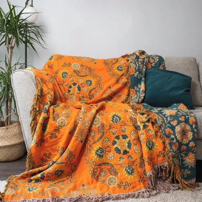 Floral Reversible Cotton Gauze Throw Blanket for Sofa and Bed