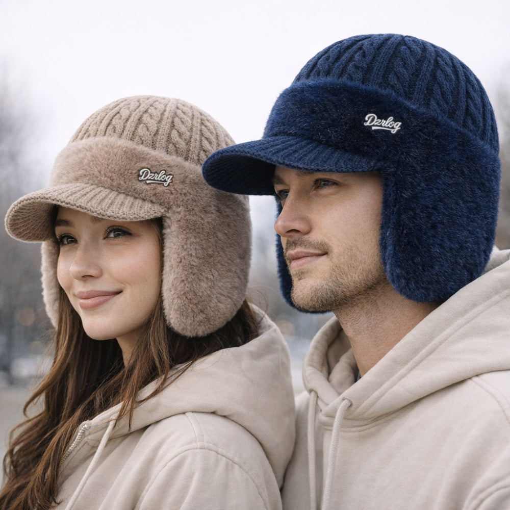 Cozy Trapper Winter Hat with Ear Flaps, Knit Cap and Visor
