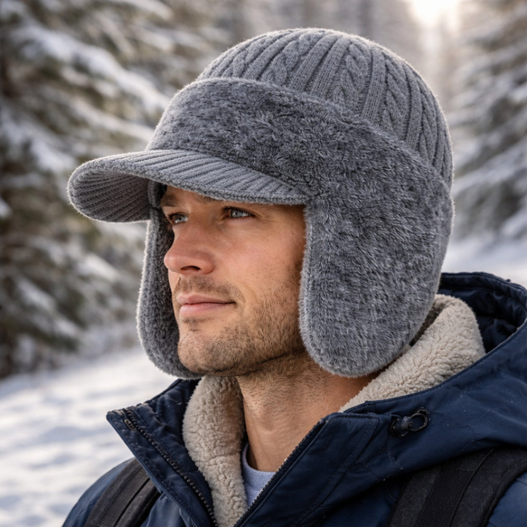 Cozy Trapper Winter Hat with Ear Flaps, Knit Cap and Visor