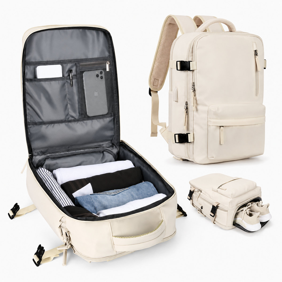 Carry-On Travel Backpack with Laptop Compartment and Shoe