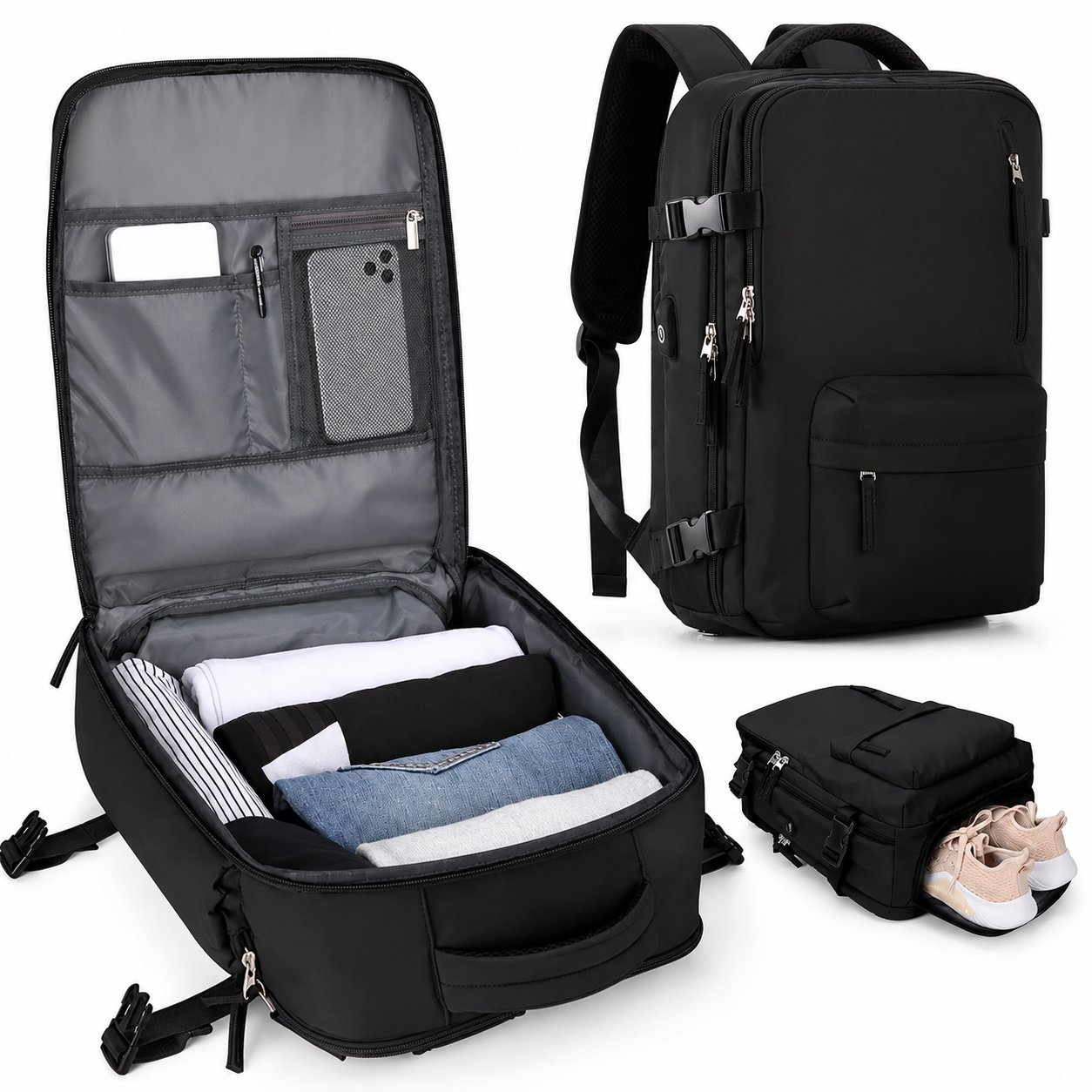 Carry-On Travel Backpack with Laptop Compartment and Shoe