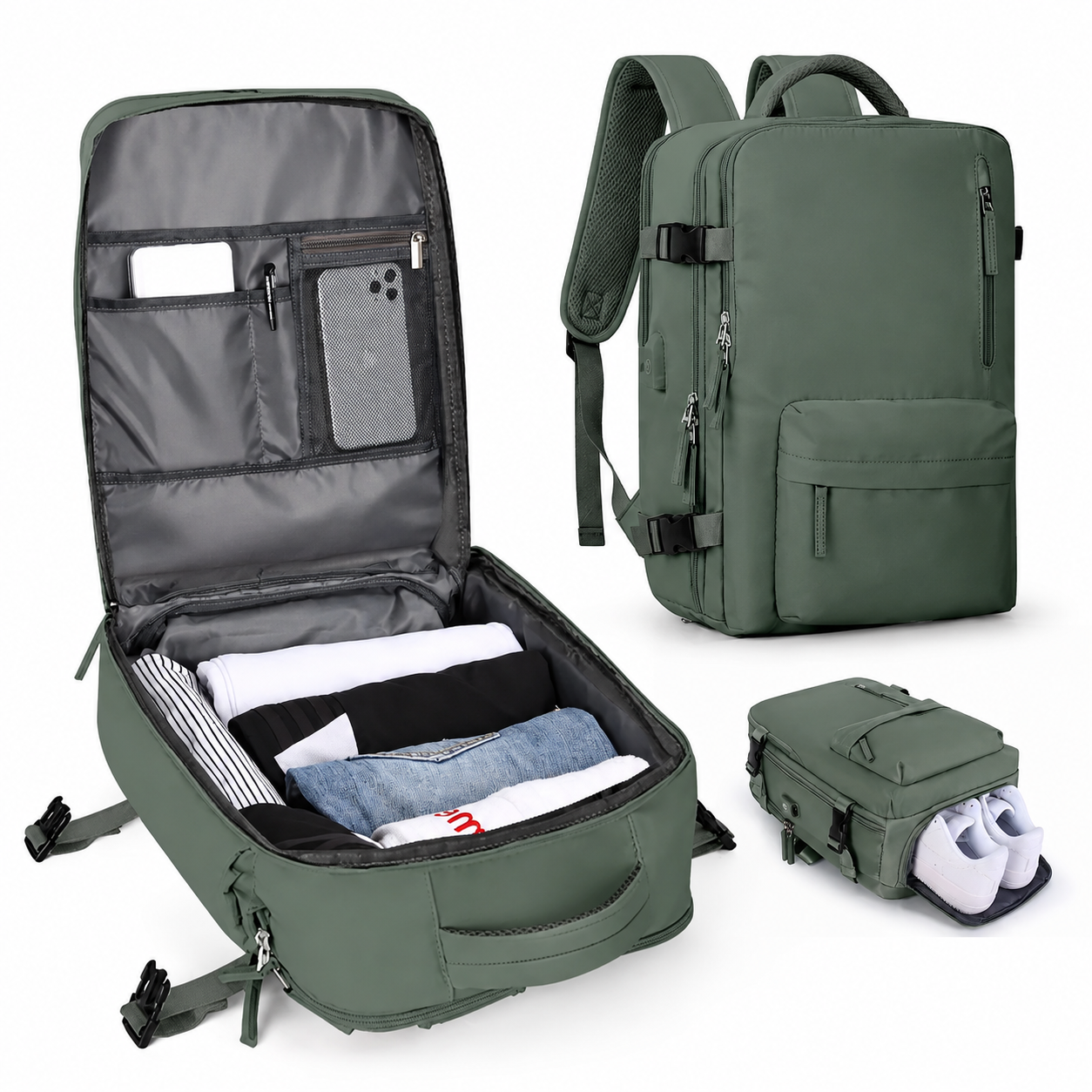 Carry-On Travel Backpack with Laptop Compartment and Shoe