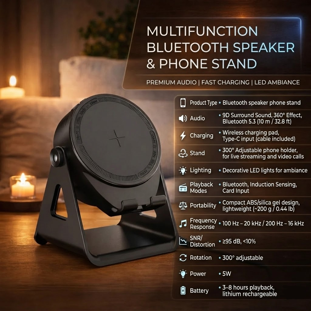 Bluetooth Speaker with Induction Phone Stand and Wireless Charger
