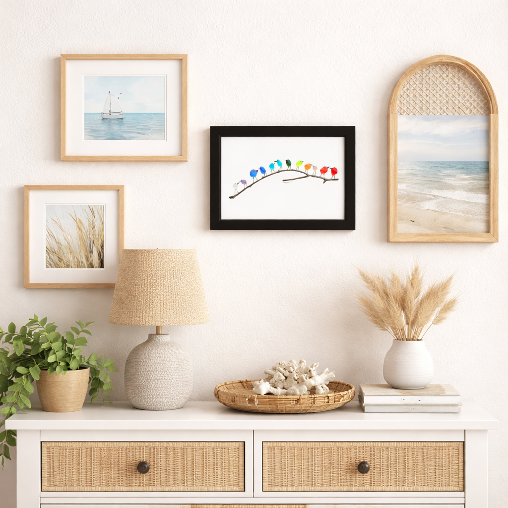 Coastal Wall Art: Sea Glass, Bird & Driftwood Picture Frame Display