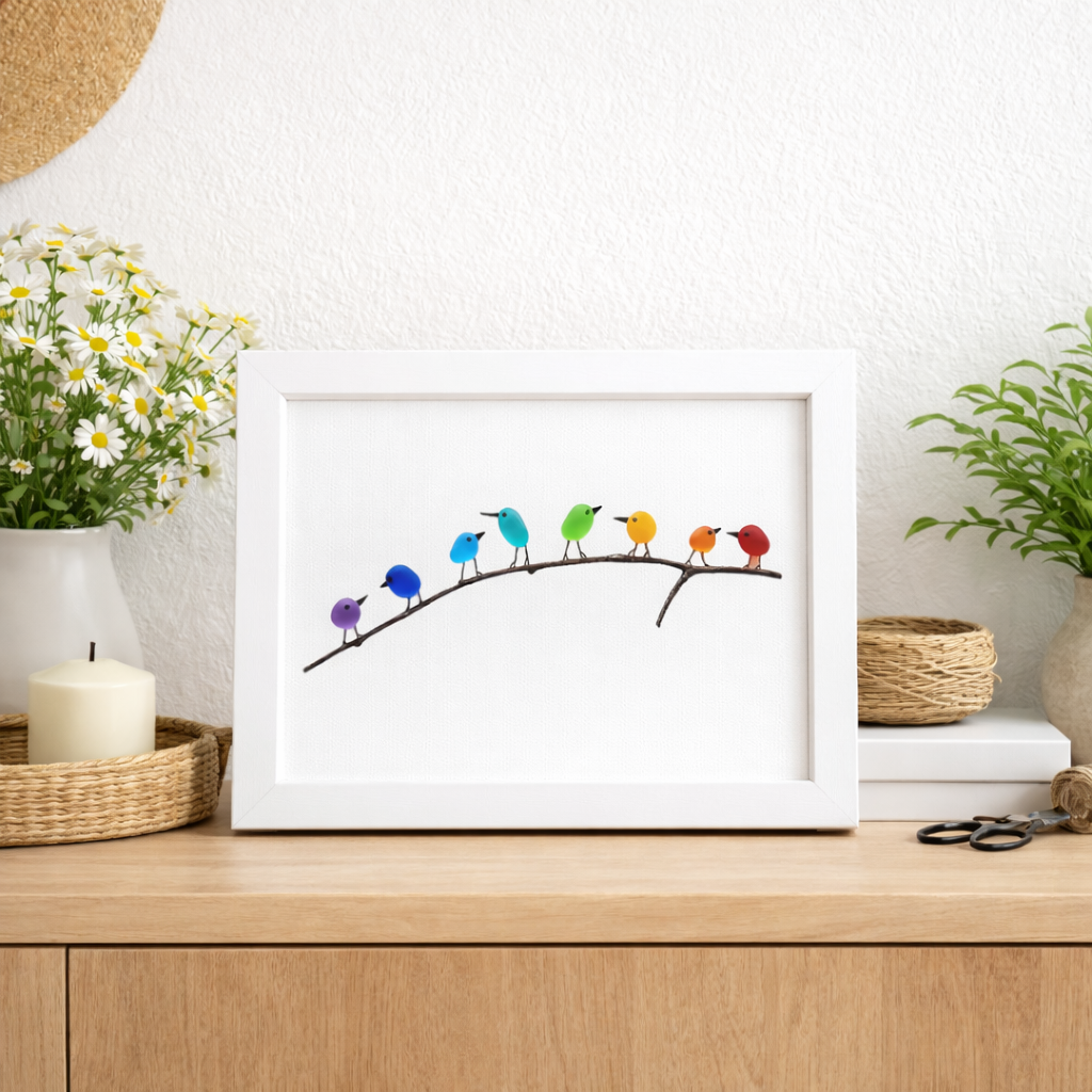 Coastal Wall Art: Sea Glass, Bird & Driftwood Picture Frame Display