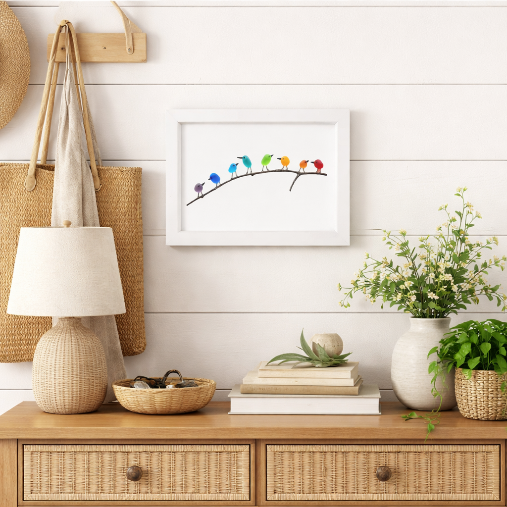 Coastal Wall Art: Sea Glass, Bird & Driftwood Picture Frame Display