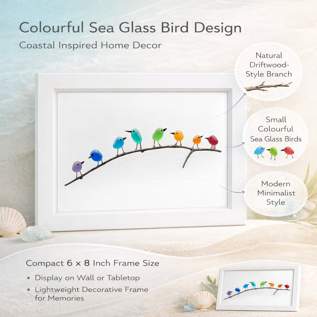 Coastal Wall Art: Sea Glass, Bird & Driftwood Picture Frame Display