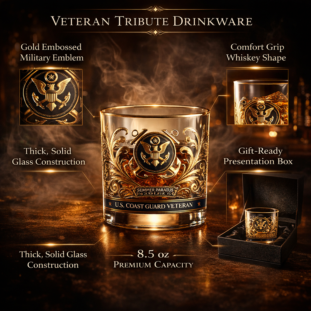 Gold-Embossed Military Veteran Whiskey Glass - Elegant Display Drinkware