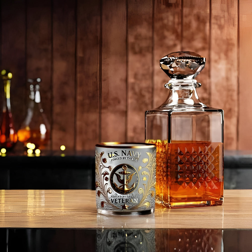 Gold-Embossed Military Veteran Whiskey Glass - Elegant Display Drinkware